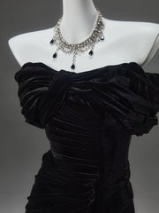 Black Velvet Mermaid Off Shoulder Floor Length Party Dress, Black Velvet Long Prom Dress