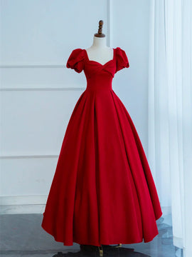 Red Sweetheart Off Shoulder Short Sleeves Floor Length Party Dress, A-line Red Prom Dress