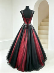 Gothic Black and Red V-neckline Tulle Prom Dress, Elegant Beaded Ball Gown Party Dress Sweet 16 Dress