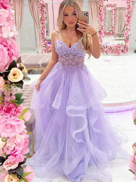 A-line Light Purple Sweetheart Tulle Layers Long Prom Dress, Light Purple Tulle Evening Dress