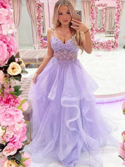 A-line Light Purple Sweetheart Tulle Layers Long Prom Dress, Light Purple Tulle Evening Dress