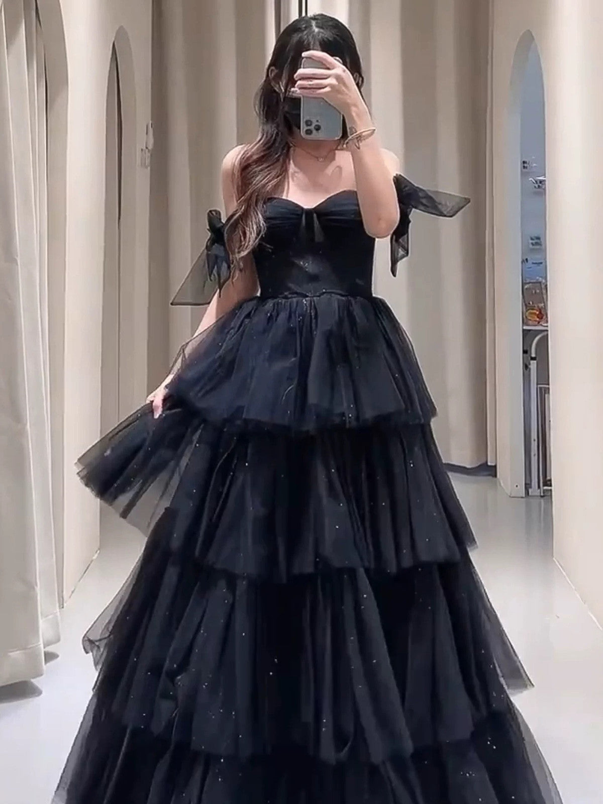 Black Tulle Sweetheart Layers Long Party Dress, Black A-line Tulle Evening Dress Prom Dress