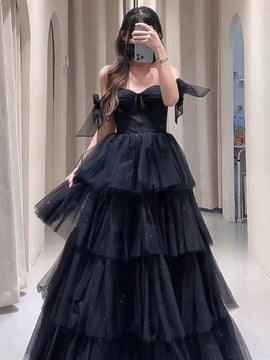 Black Tulle Sweetheart Layers Long Party Dress, Black A-line Tulle Evening Dress Prom Dress