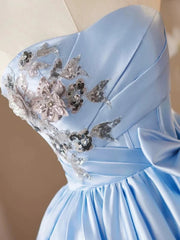 Blue Satin Sweetheart Knee Length Party Dress, Blue Satin Short Prom Dress