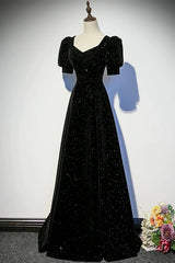 Black A-line Velvet Short Sleeves Party Dress, Black A-line Floor Length Prom Dress