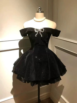 Black Velvet Sweetheart Straps Beaded Party Dress, Black Velvet Homecoming Dress