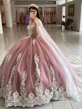 Pink Tulle Ball Gown with Lace Applique Sweet 16 Dress, Pink Tulle Formal Dress with Cap