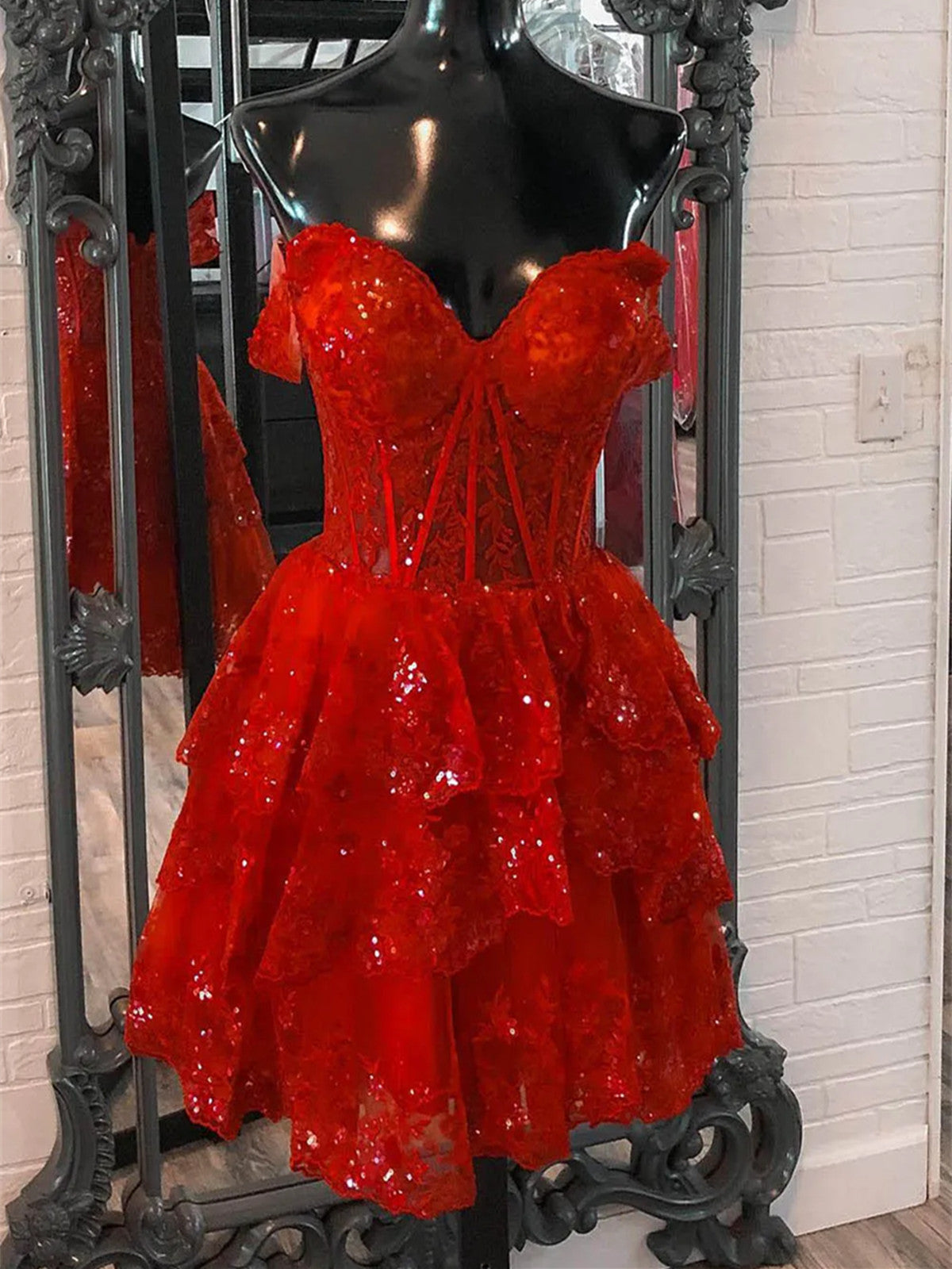 Sparkly Wine Red Corset Tiered Lace A-Line Short Homecoming Dress, Wine Red Party Dress