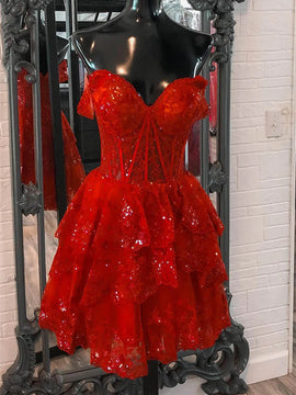 Sparkly Wine Red Corset Tiered Lace A-Line Short Homecoming Dress, Wine Red Party Dress