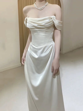 Ivory Satin A-line Off Shoulder Floor Length Party Dress, Ivory Satin Wedding Party Dress