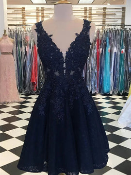 Navy Blue V-neckline Knee Length Party Dress Homecoming Dress, Navy Blue Short Prom Dress