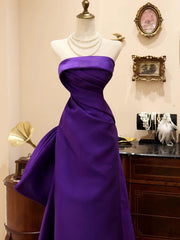 Purple Satin Scoop A-line Floor Length Party Dress, Purple Satin Long Prom Dress with Bow