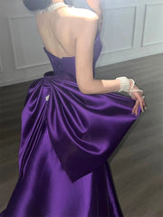 Purple Satin Scoop A-line Floor Length Party Dress, Purple Satin Long Prom Dress with Bow