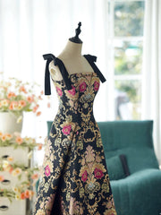 Black A-line Satin Straps Long Party Dress, Black Floral Satin Prom Dress