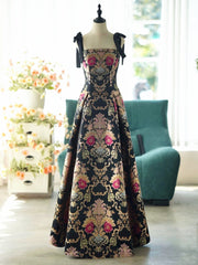 Black A-line Satin Straps Long Party Dress, Black Floral Satin Prom Dress