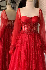 Dark Red Tulle with Lace Long Sleeves Party Dress, A-line Dark Red Prom Dress