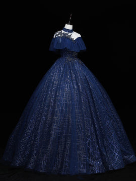 Navy Blue High Neckline Ball Gown Tulle Party Dress, Shiny Tulle With Lace Prom Dress