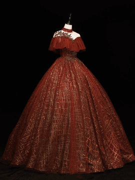 Wine Red High Neckline Ball Gown Tulle Party Dress, Shiny Tulle With Lace Prom Dress