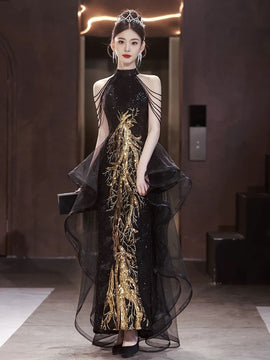 Chic Black Sequins Halter Party Dress with Lace Applique, Black Long Prom Dress