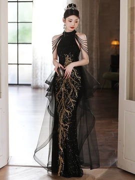 Chic Black Sequins Halter Party Dress with Lace Applique, Black Long Prom Dress