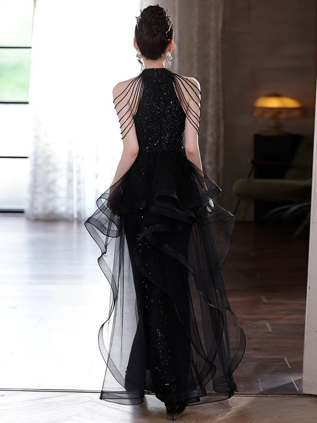Chic Black Sequins Halter Party Dress with Lace Applique, Black Long P Cutedressy Chic Black Sequins Halter Party Dress with Lace Applique, Black Long P Cutedressy