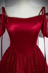 Wine Red Tulle and Sequins A-line Party Dress, Wine Red Tulle Prom Dress