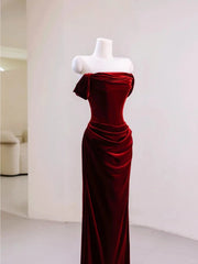 Wine Red Velvet Off Shoulder Floor Length Party Dress, Wine Red Velvet Prom Dress