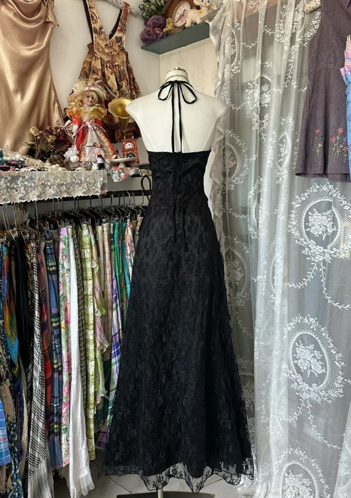 Black Lace V-neckline A-line Halter Party Dress, Black Charming Style – Cutedressy
