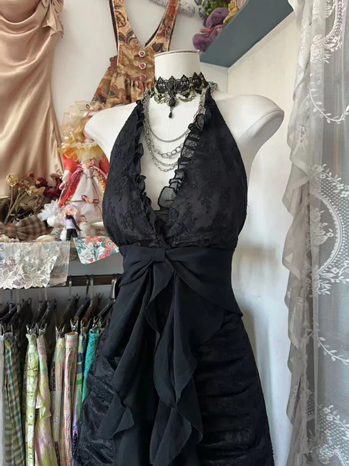 Black Lace V-neckline A-line Halter Party Dress, Black Charming Style Prom Dress Black Lace V-neckline A-line Halter Party Dress, Black Charming Style Prom Dress