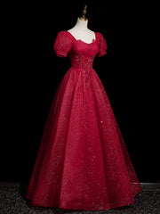 Cute Wine Red Beaded Short Sleevs A-line Party Dress, Wine Red Tulle Long Prom Dress