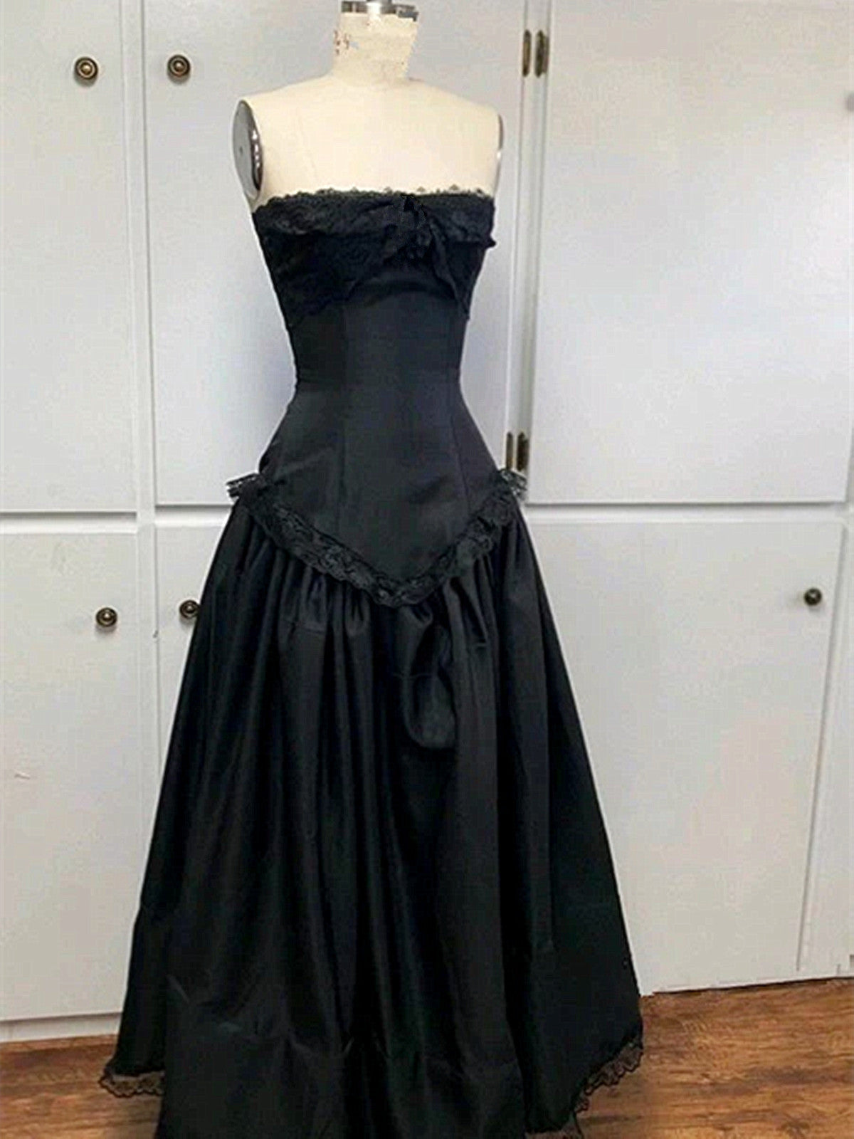 Black Strapless A-line Satin with Lace Party Dress, Black Scoop Prom Dress Evening Dress