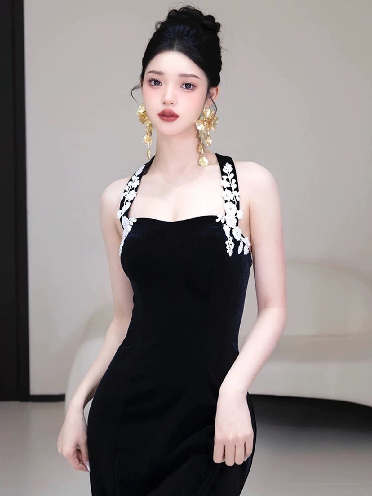 Black Mermaid Velvet Halter Long Party Dress, Black Velvet Evening Dre Cutedressy Black Mermaid Velvet Halter Long Party Dress, Black Velvet Evening Dre Cutedressy