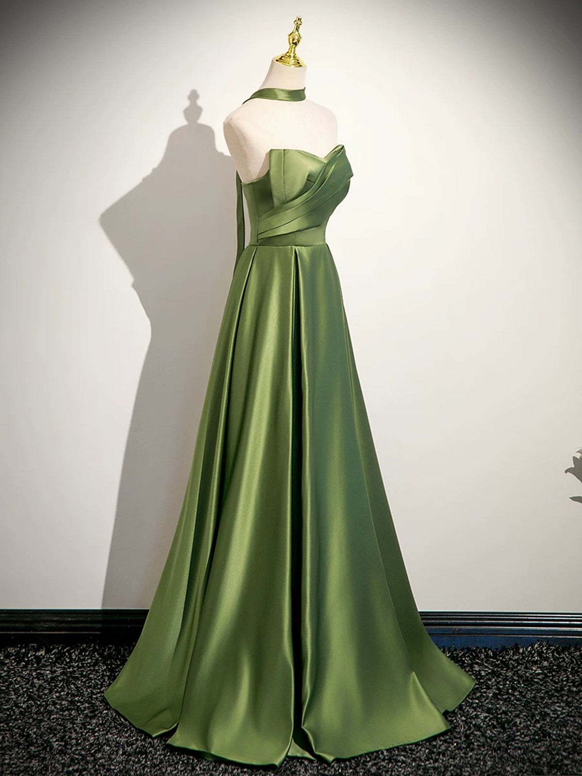Green Satin Strapless Sweetheart A-line Prom Dress, Green Satin Long Evening Dress