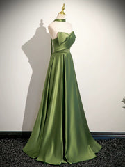 Green Satin Strapless Sweetheart A-line Prom Dress, Green Satin Long Evening Dress
