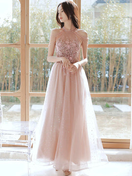 Pink Halter Sequins and Lace Applique Party Dress, Pink Tulle Long Prom Dress
