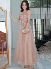 Pink Halter Sequins and Lace Applique Party Dress, Pink Tulle Long Prom Dress
