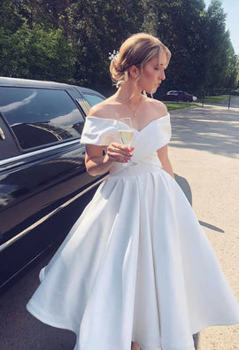 White Satin Off Shoulder Tea Length Wedding Party Dress, White Satin Graduation Dress