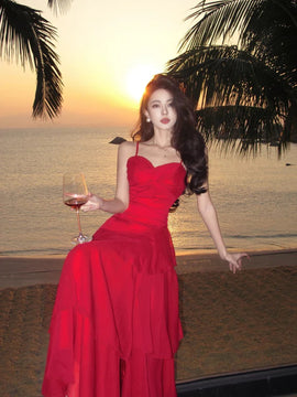 Lovely Red Chiffon Sweetheart Straps Layers Party Dress, Red Chiffon Evening Dress Prom Dress
