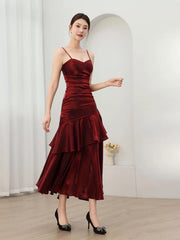 Mermaid Straps Wine Red Long Evening Dress Formal Dress, Wine Red Satin Prom Dress