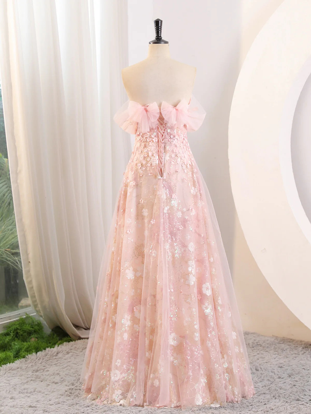 Pink Tulle and Lace A-line Off Shoulder Party Dress, Pink Tulle Prom Dress Evening Dress