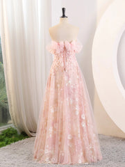 Pink Tulle and Lace A-line Off Shoulder Party Dress, Pink Tulle Prom Dress Evening Dress