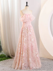 Pink Tulle and Lace A-line Off Shoulder Party Dress, Pink Tulle Prom Dress Evening Dress