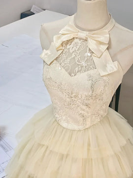 Light Champagne Tulle with Lace Applique Party Dress, Tulle Homecoming Dress with Bow