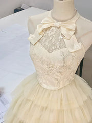 Light Champagne Tulle with Lace Applique Party Dress, Tulle Homecoming Dress with Bow