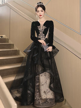 Black Velvet and Tulle Long Sleeves with Lace Prom Dress, A-line Black Floor Length Party Dress