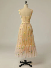 Champagne Floral Tulle Straps Tea Length Party Dress, Floral Tulle Formal Dress Evening Dress