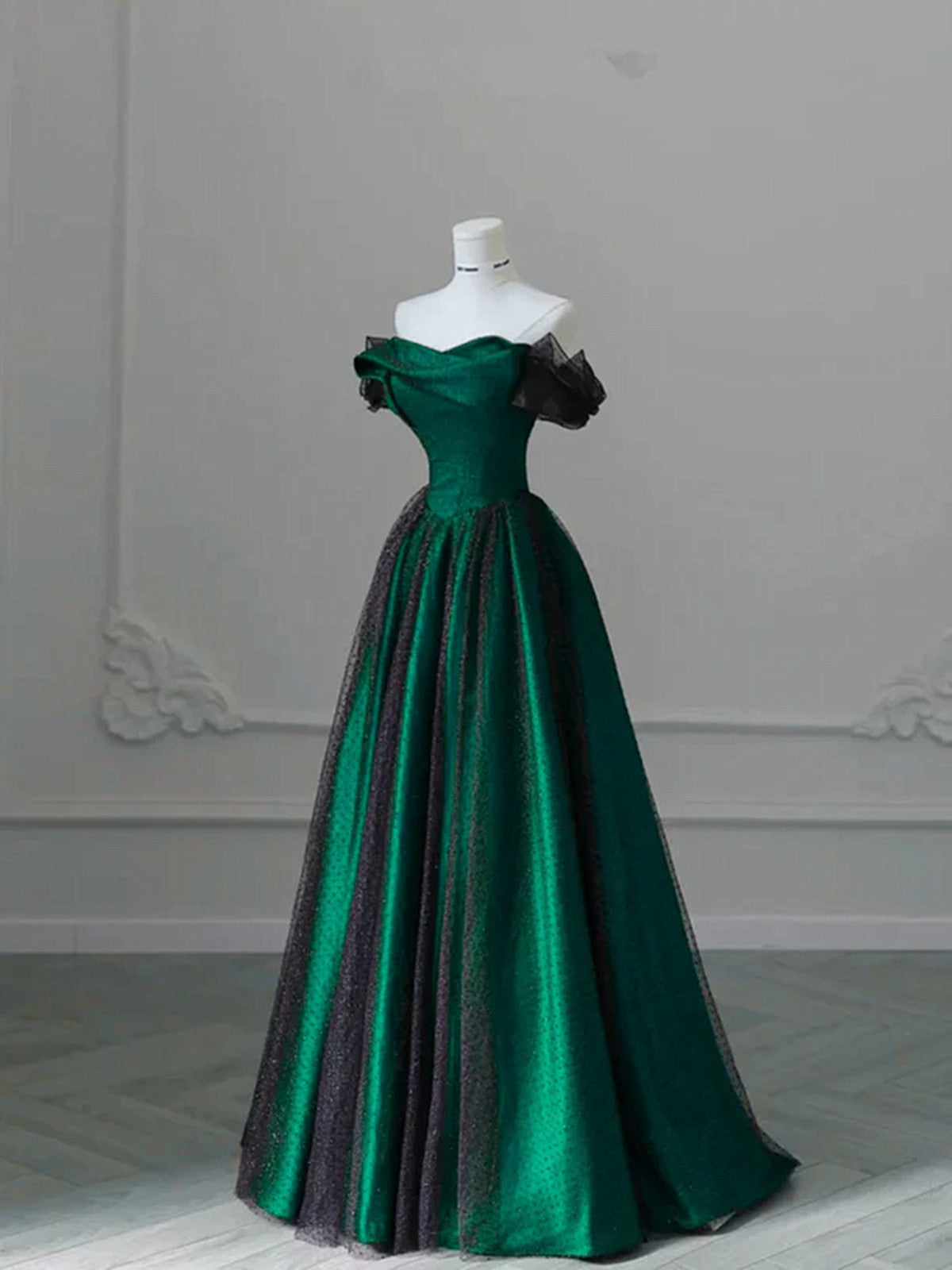 A-line Green Satin and Black Tulle Long Prom Dress, Off Shoulder Long Evening Dress