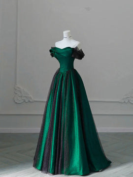 A-line Green Satin and Black Tulle Long Prom Dress, Off Shoulder Long Evening Dress