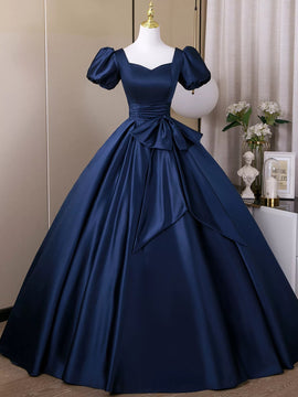 Navy Blue Satin Short Sleeves Low Back Prom Dress, Navy Blue Long Evening Dress