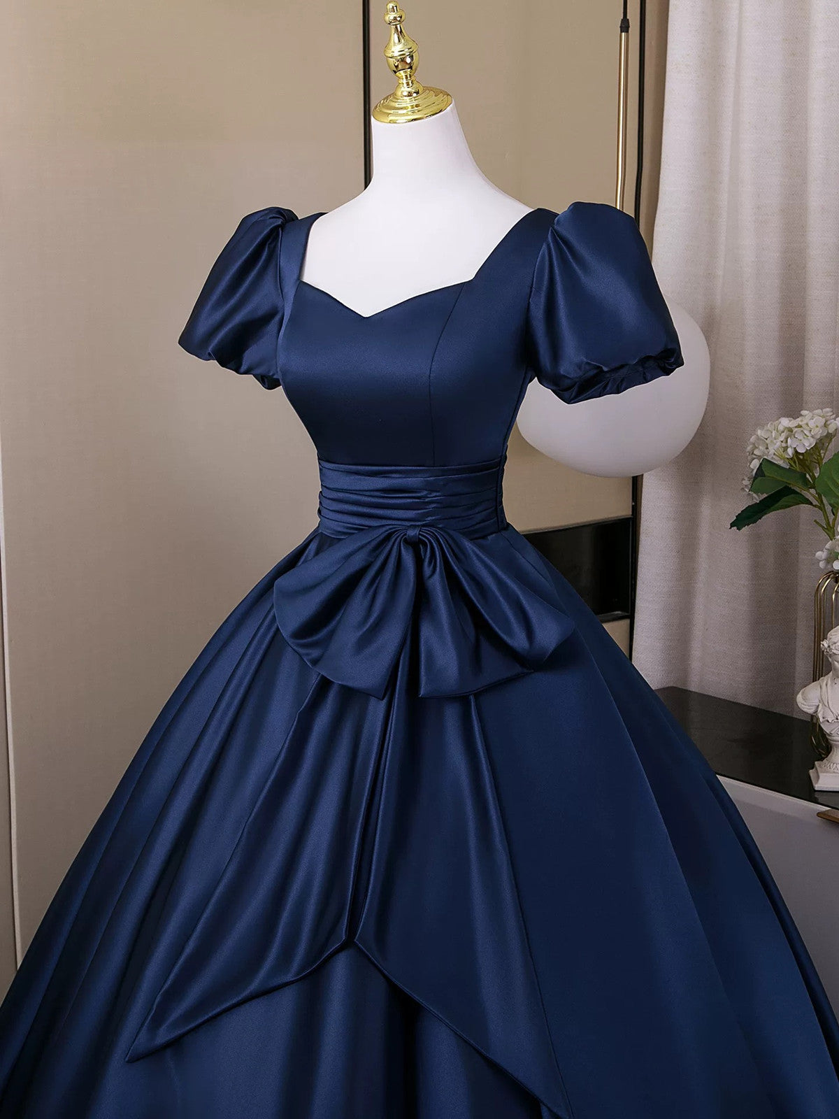 Navy Blue Satin Short Sleeves Low Back Prom Dress, Navy Blue Long Evening Dress